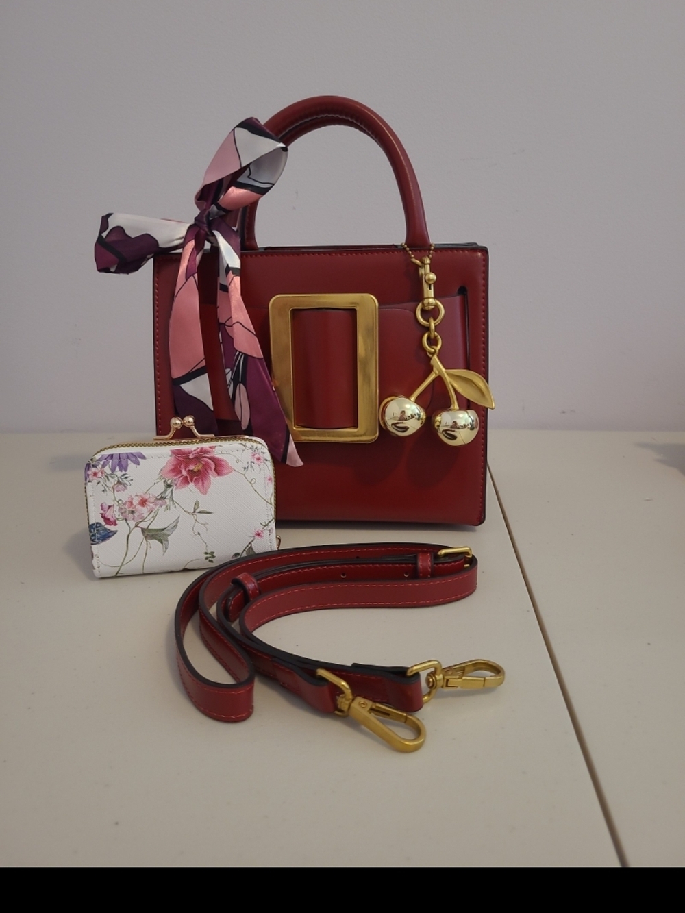 Red Structured Top-Handle Bag with Gold Charm